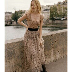 Doen Pamelina Maxi Dress Flocked Dot Ruffle Sheer Smocked Cocktail medium m